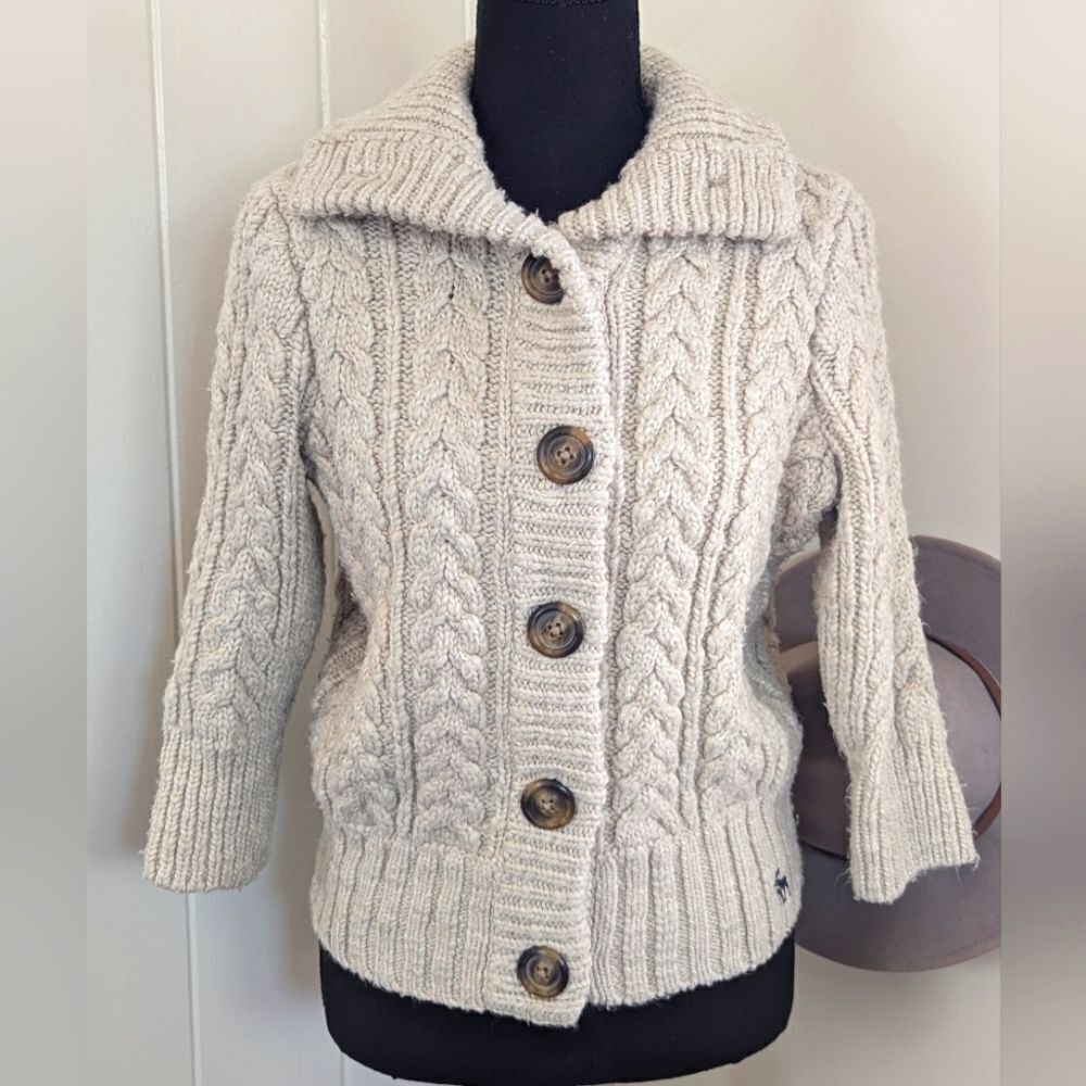 Abercrombie & Fitch Cream Cable-Knit Button Front Sweater